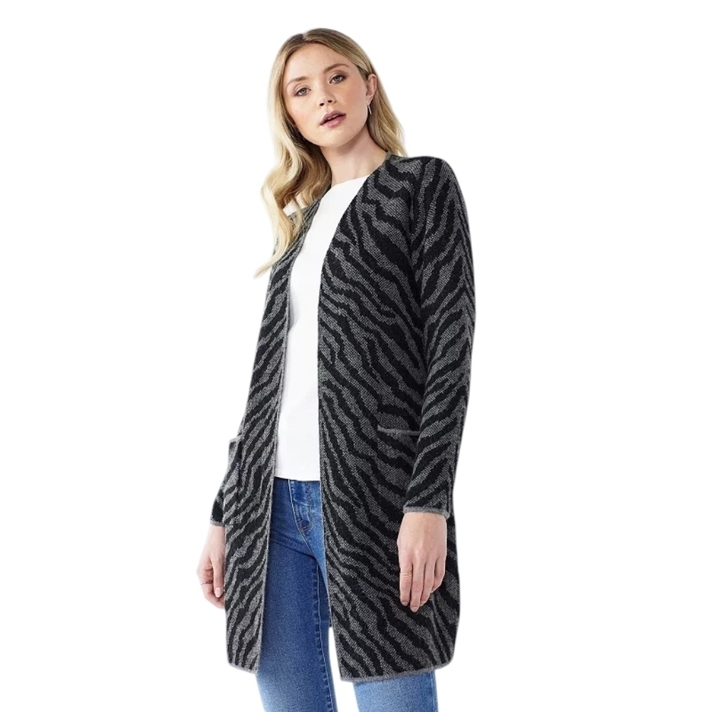 Nine West Jacquard Long Sweater Cardigan Black Gray Zebra Size XXL